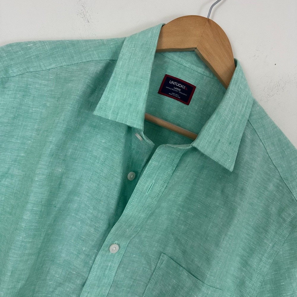 Untuckit Shirt Green Cameron 100% Linen Regular Fit Button Up Mens Large